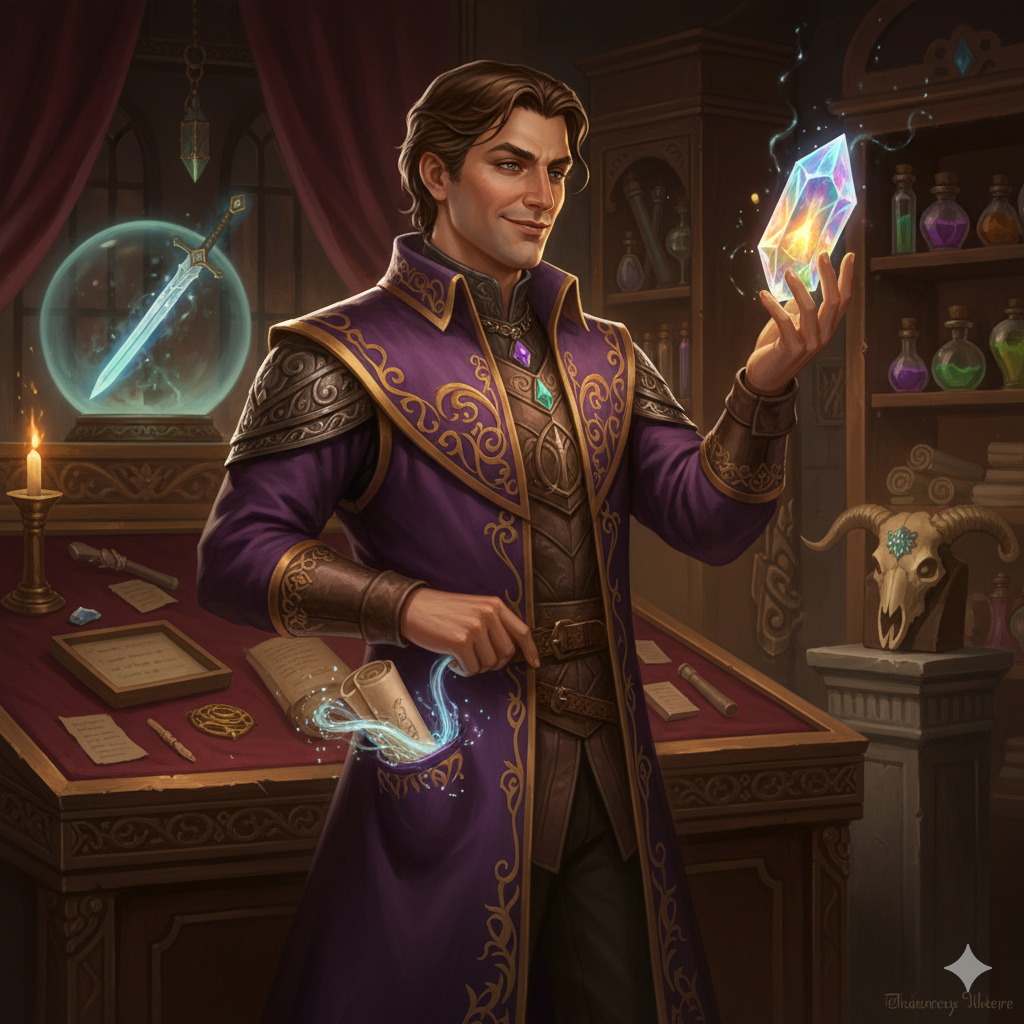 A character portrait of a sly, charismatic magic-user collector in his private museum. He is dressed in fine, embroidered robes with a hint of leather armor visible underneath. He stands before a velvet-lined display case, holding a shimmering, multi-faceted crystal up to the light, examining it with a knowing smirk. With his other hand, he is subtly pulling a rolled-up scroll from a shimmering, magical tear in the fabric of his coat pocket. The background is filled with other artifacts: a floating sword, potions on shelves, and a skull on a pedestal. Digital painting, fantasy portrait, in the style of Baldur's Gate, low-key, warm lighting, highlighting the glint of treasure.